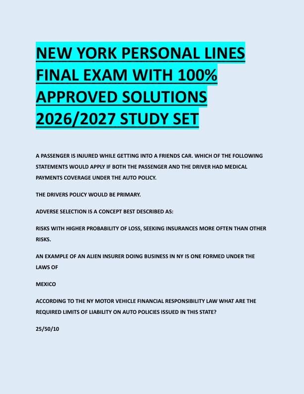 NEW YORK PERSONAL LINES  FINAL EXAM WITH 100%  APPROVED SOLUTIONS  2026/2027 STUDY SET 