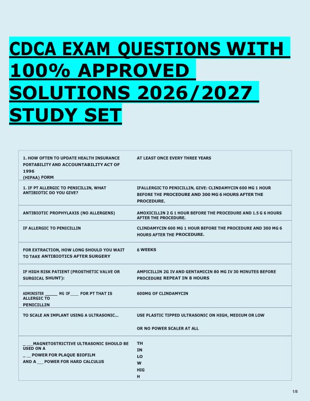 CDCA EXAM QUESTIONS WITH  100% APPROVED  SOLUTIONS 2026/2027  STUDY SET 
