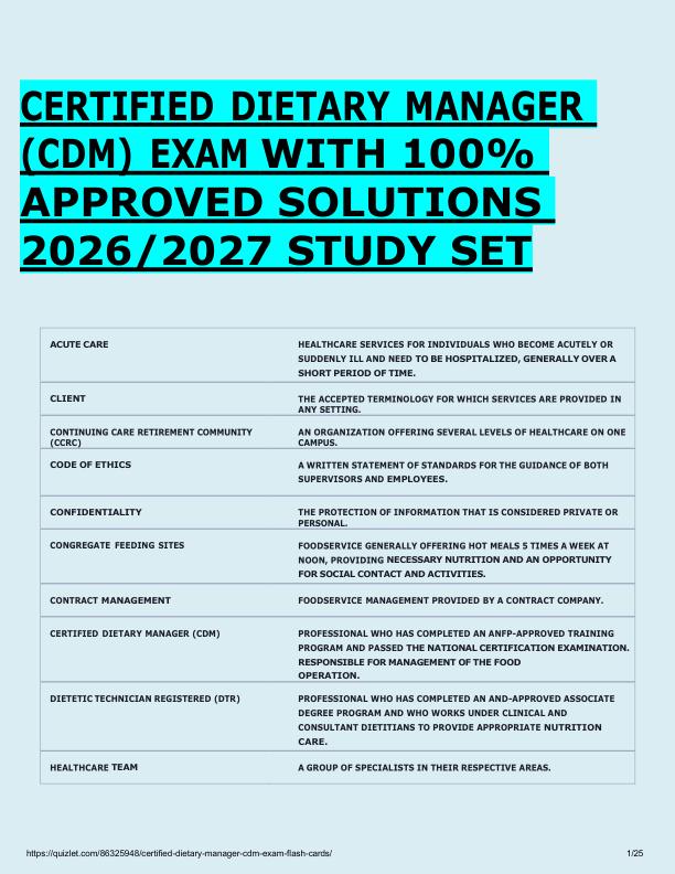 CERTIFIED DIETARY MANAGER  (CDM) EXAM WITH 100%  APPROVED SOLUTIONS  2026/2027 STUDY SET 