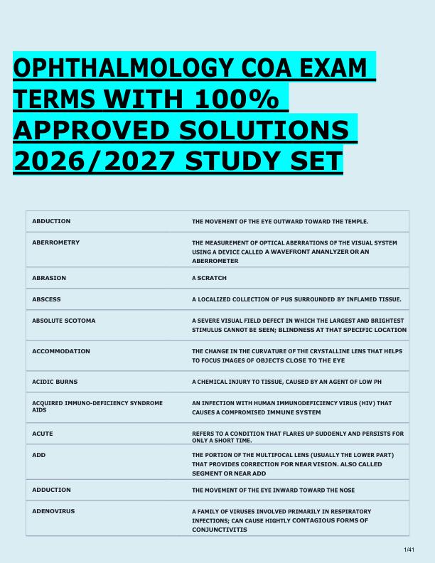 OPHTHALMOLOGY COA EXAM  TERMS WITH 100%  APPROVED SOLUTIONS  2026/2027 STUDY SET 