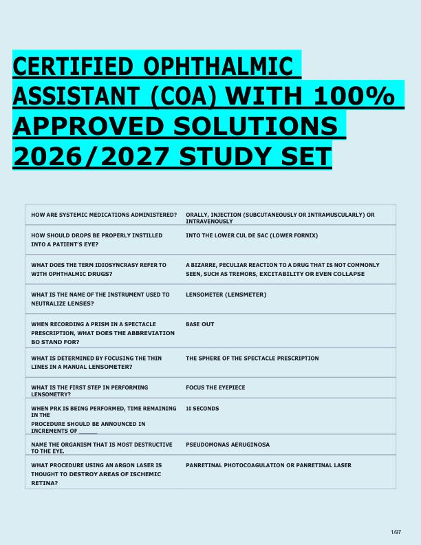 CERTIFIED OPHTHALMIC  ASSISTANT (COA) WITH 100%  APPROVED SOLUTIONS  2026/2027 STUDY SET 