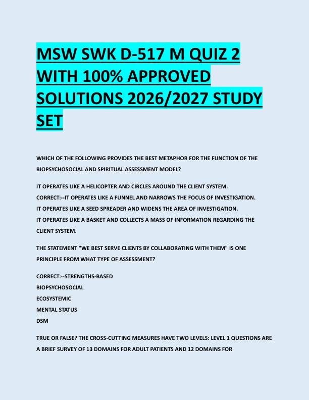 MSW SWK D-517 M QUIZ 2  WITH 100% APPROVED  SOLUTIONS 2026/2027 STUDY  SET 
