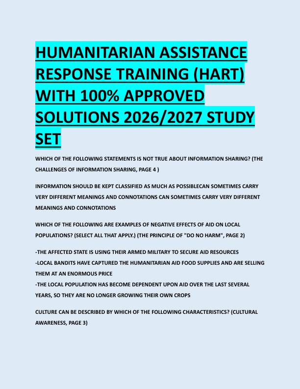 HUMANITARIAN ASSISTANCE  RESPONSE TRAINING (HART)  WITH 100% APPROVED  SOLUTIONS 2026/2027 STUDY  SET 