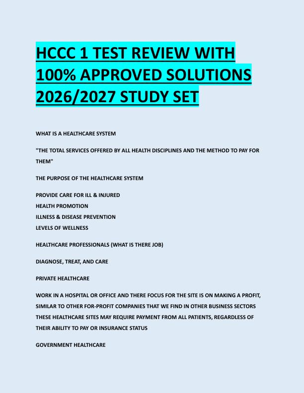 HCCC 1 TEST REVIEW WITH  100% APPROVED SOLUTIONS  2026/2027 STUDY SET 