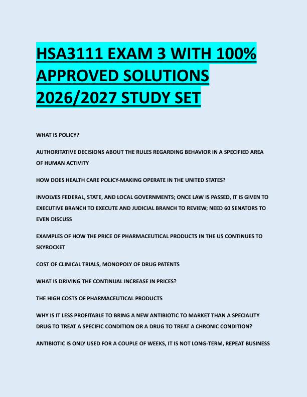 HSA3111 EXAM 3 WITH 100%  APPROVED SOLUTIONS  2026/2027 STUDY SET 