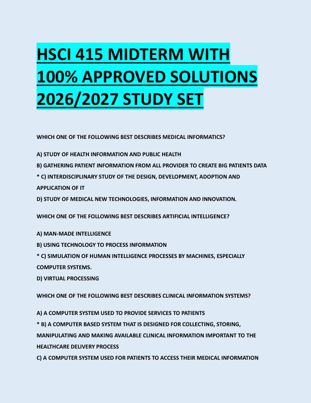 HSCI 415 MIDTERM WITH  100% APPROVED SOLUTIONS  2026/2027 STUDY SET
