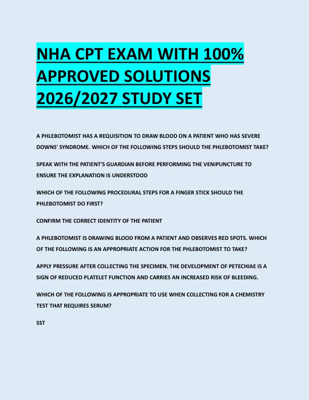 NHA CPT EXAM WITH 100%  APPROVED SOLUTIONS  2026/2027 STUDY SET 