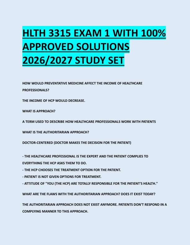 HLTH 3315 EXAM 1 WITH 100%  APPROVED SOLUTIONS  2026/2027 STUDY SET