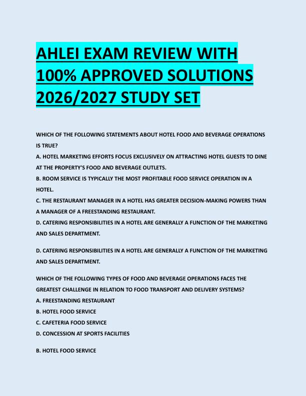 AHLEI EXAM REVIEW WITH  100% APPROVED SOLUTIONS  2026/2027 STUDY SET