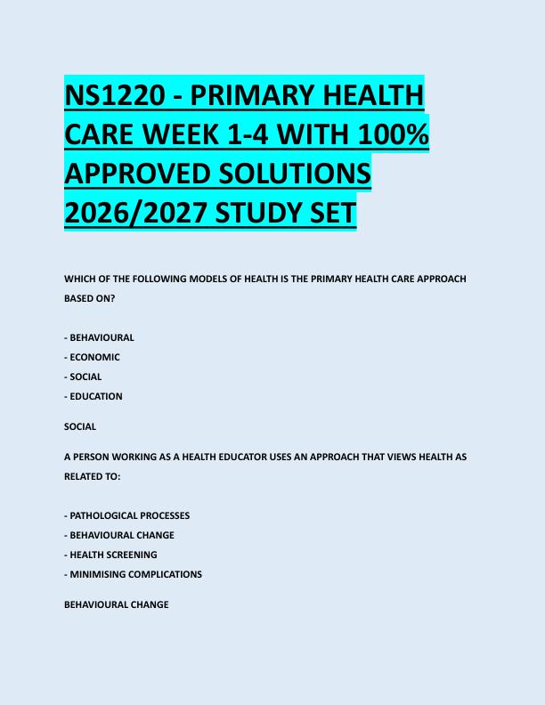 NS1220 - PRIMARY HEALTH  CARE WEEK 1-4 WITH 100%  APPROVED SOLUTIONS  2026/2027 STUDY SET 