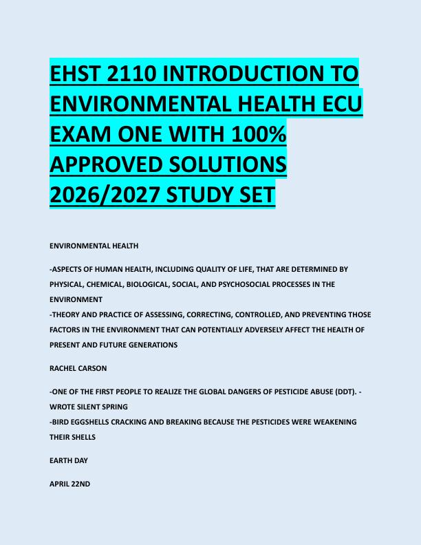 EHST 2110 INTRODUCTION TO  ENVIRONMENTAL HEALTH ECU  EXAM ONE WITH 100%  APPROVED SOLUTIONS  2026/2027 STUDY SET 