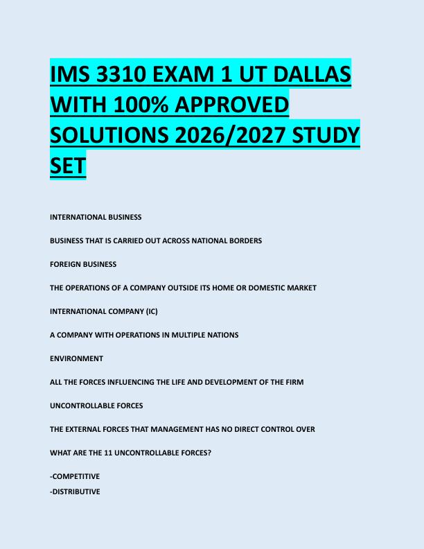 IMS 3310 EXAM 1 UT DALLAS  WITH 100% APPROVED  SOLUTIONS 2026/2027 STUDY  SET