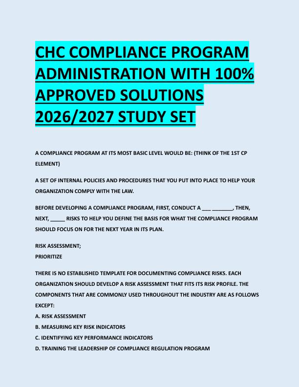 CHC COMPLIANCE PROGRAM  ADMINISTRATION WITH 100%  APPROVED SOLUTIONS  2026/2027 STUDY SET