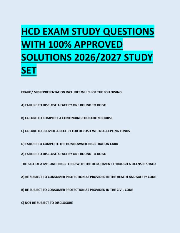 HCD EXAM STUDY QUESTIONS  WITH 100% APPROVED  SOLUTIONS 2026/2027 STUDY  SET 