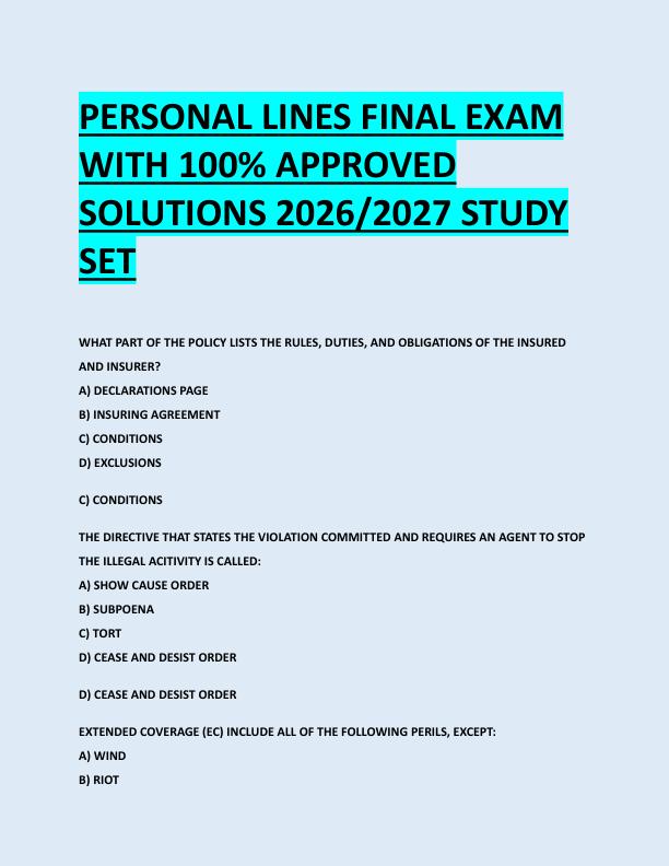 PERSONAL LINES FINAL EXAM  WITH 100% APPROVED  SOLUTIONS 2026/2027 STUDY  SET 