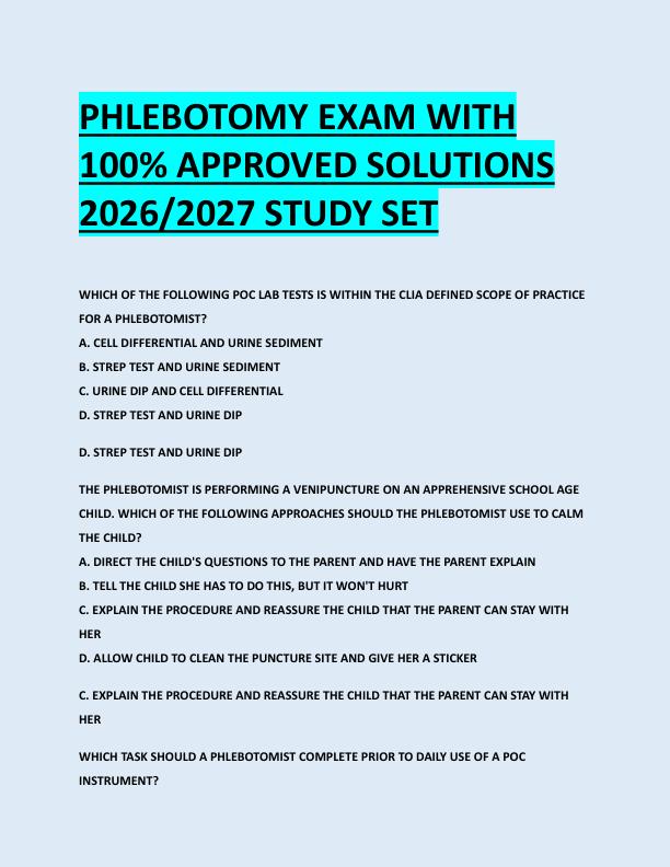 PHLEBOTOMY EXAM WITH  100% APPROVED SOLUTIONS  2026/2027 STUDY SET