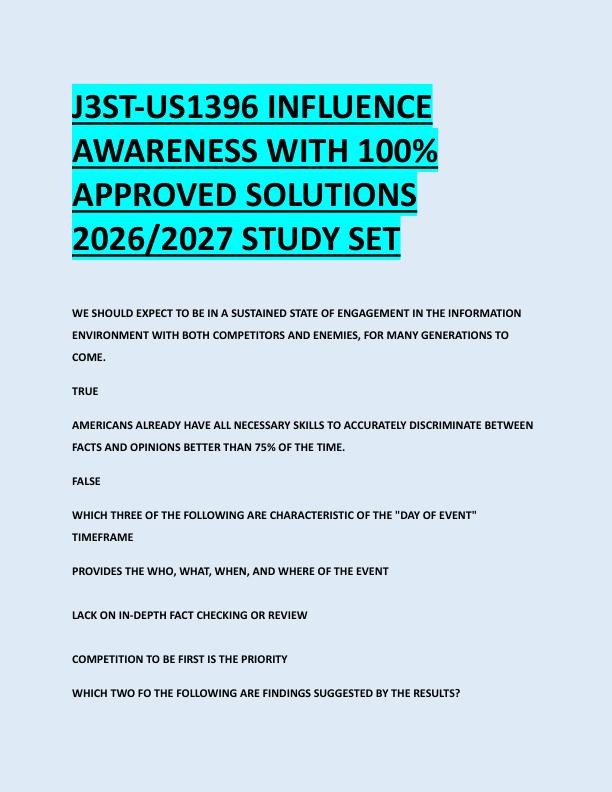 J3ST-US1396 INFLUENCE  AWARENESS WITH 100%  APPROVED SOLUTIONS  2026/2027 STUDY SET
