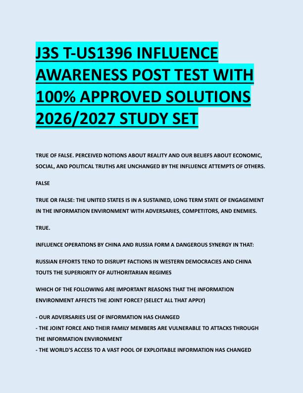 J3S T-US1396 INFLUENCE  AWARENESS POST TEST WITH  100% APPROVED SOLUTIONS  2026/2027 STUDY SET 