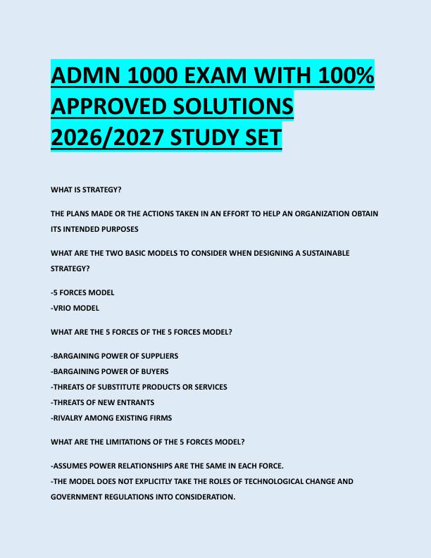 ADMN 1000 EXAM WITH 100%  APPROVED SOLUTIONS  2026/2027 STUDY SET 