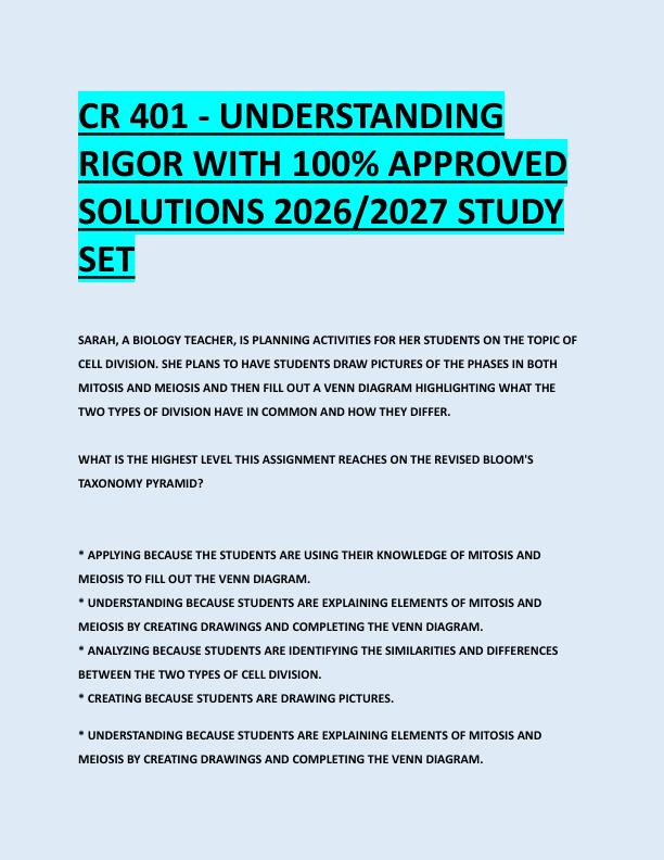 CR 401 - UNDERSTANDING  RIGOR WITH 100% APPROVED  SOLUTIONS 2026/2027 STUDY  SET 