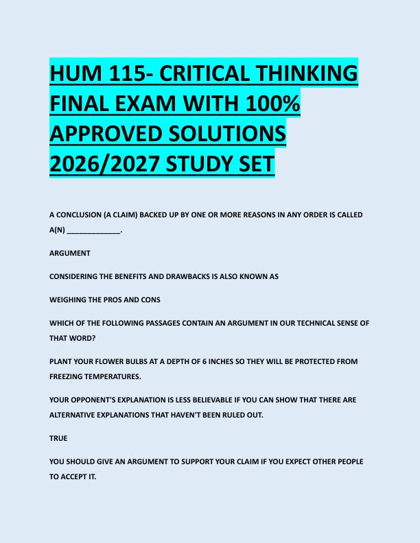 HUM 115- CRITICAL THINKING  FINAL EXAM WITH 100%  APPROVED SOLUTIONS  2026/2027 STUDY SET265
