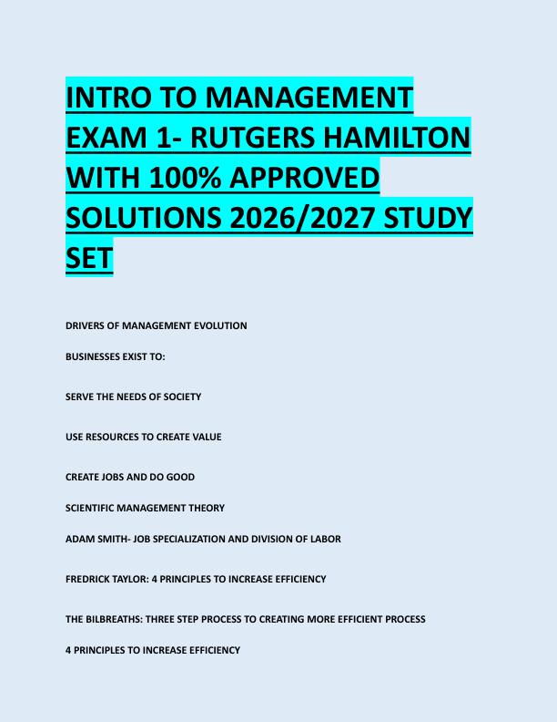 INTRO TO MANAGEMENT  EXAM 1- RUTGERS HAMILTON  WITH 100% APPROVED  SOLUTIONS 2026/2027 STUDY  SET