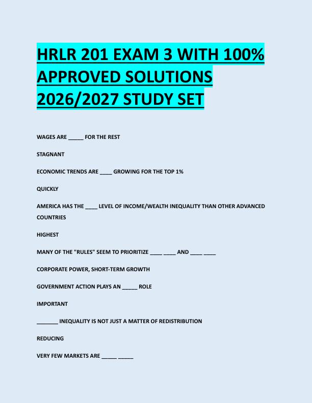 HRLR 201 EXAM 3 WITH 100%  APPROVED SOLUTIONS  2026/2027 STUDY SET