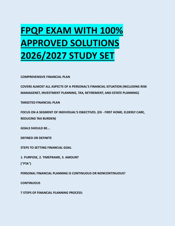 FPQP EXAM WITH 100%  APPROVED SOLUTIONS  2026/2027 STUDY SET 