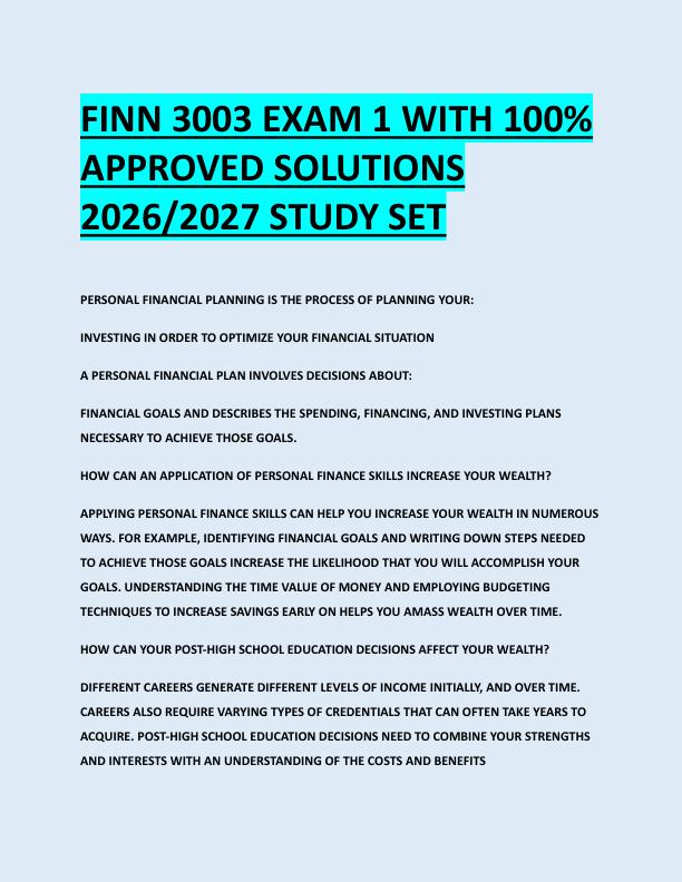 FINN 3003 EXAM 1 WITH 100%  APPROVED SOLUTIONS  2026/2027 STUDY SET 