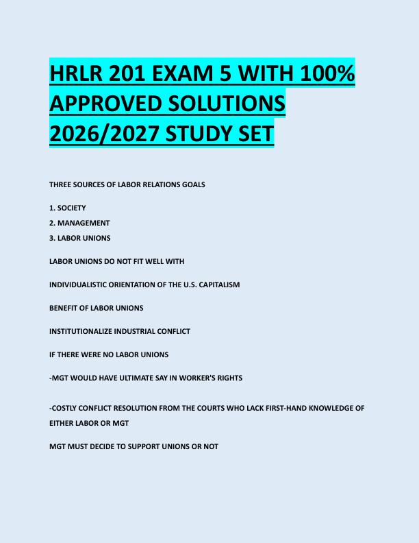 HRLR 201 EXAM 5 WITH 100%  APPROVED SOLUTIONS  2026/2027 STUDY SET 