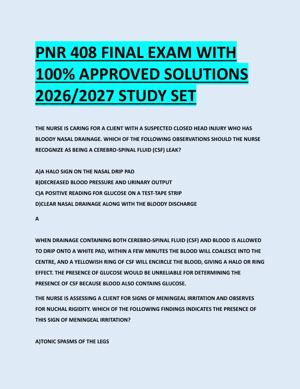 PNR 408 FINAL EXAM WITH  100% APPROVED SOLUTIONS  2026/2027 STUDY SET 