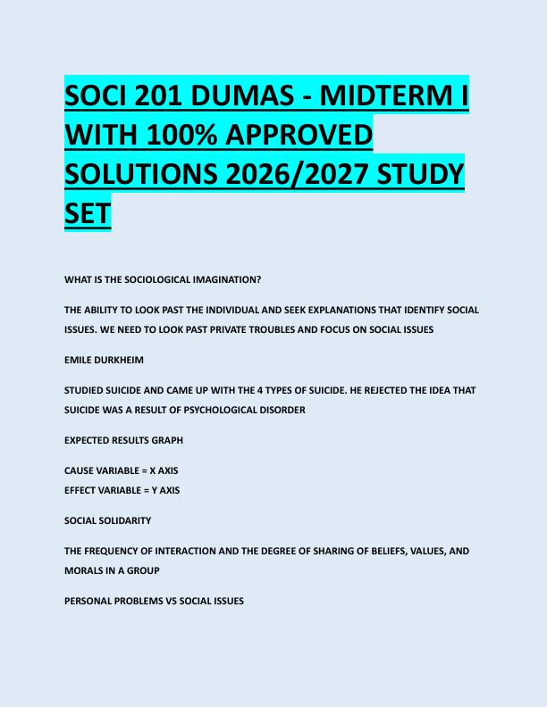 SOCI 201 DUMAS - MIDTERM I  WITH 100% APPROVED  SOLUTIONS 2026/2027 STUDY  SET 
