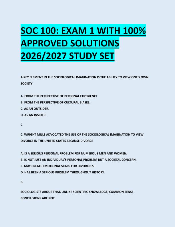 SOC 100: EXAM 1 WITH 100%  APPROVED SOLUTIONS  2026/2027 STUDY SET 
