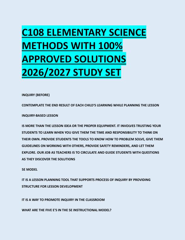 C108 ELEMENTARY SCIENCE  METHODS WITH 100%  APPROVED SOLUTIONS  2026/2027 STUDY SET 