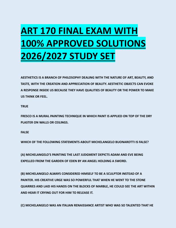 ART 170 FINAL EXAM WITH  100% APPROVED SOLUTIONS  2026/2027 STUDY SET 