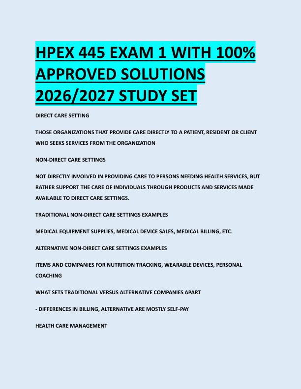 HPEX 445 EXAM 1 WITH 100%  APPROVED SOLUTIONS  2026/2027 STUDY SET