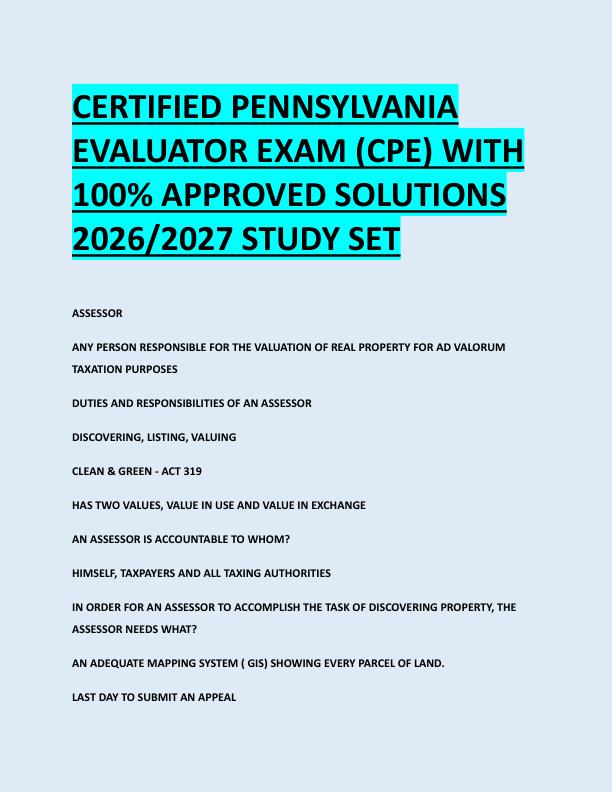CERTIFIED PENNSYLVANIA  EVALUATOR EXAM (CPE) WITH  100% APPROVED SOLUTIONS  2026/2027 STUDY SET 