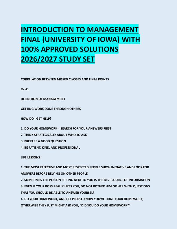INTRODUCTION TO MANAGEMENT  FINAL (UNIVERSITY OF IOWA) WITH  100% APPROVED SOLUTIONS  2026/2027 STUDY SET 