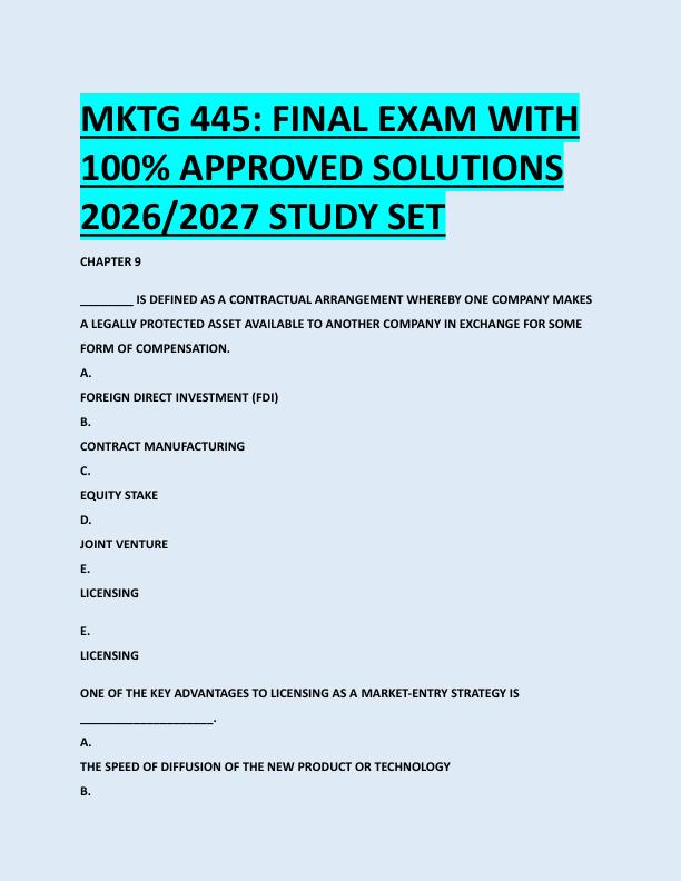 MKTG 445: FINAL EXAM WITH  100% APPROVED SOLUTIONS  2026/2027 STUDY SET 