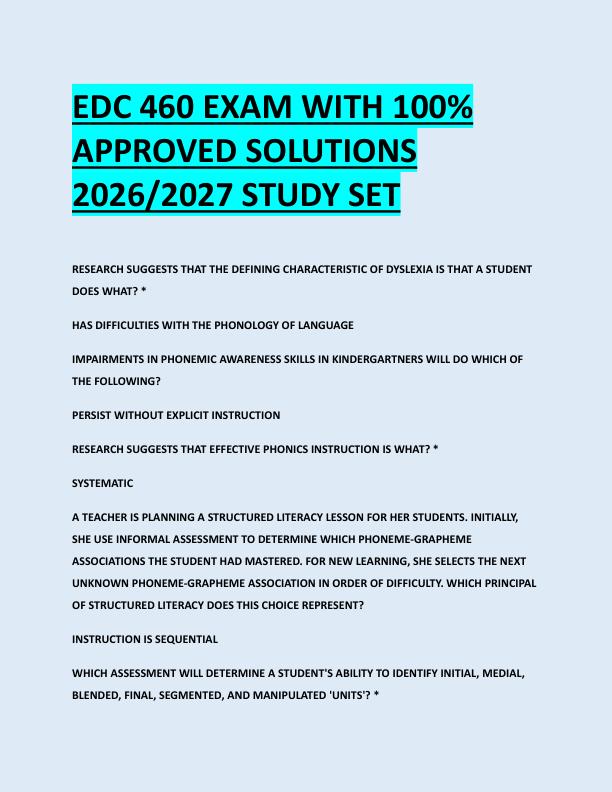 EDC 460 EXAM WITH 100%  APPROVED SOLUTIONS  2026/2027 STUDY SET 