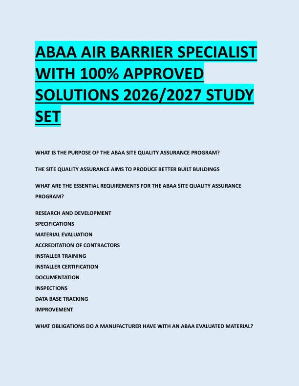ABAA AIR BARRIER SPECIALIST  WITH 100% APPROVED  SOLUTIONS 2026/2027 STUDY  SET 