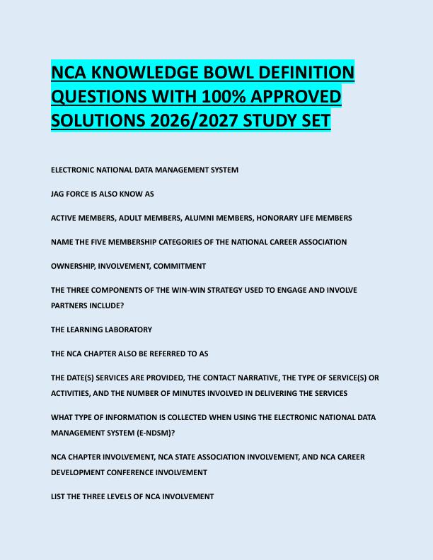 NCA KNOWLEDGE BOWL DEFINITION  QUESTIONS WITH 100% APPROVED  SOLUTIONS 2026/2027 STUDY SET