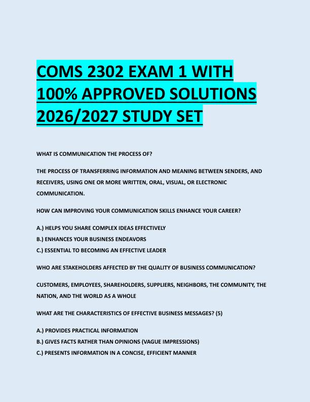 COMS 2302 EXAM 1 WITH  100% APPROVED SOLUTIONS  2026/2027 STUDY SET 