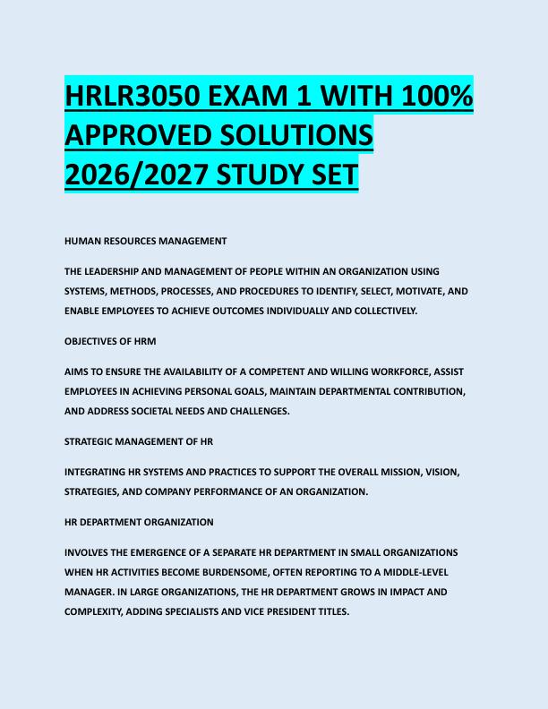 HRLR3050 EXAM 1 WITH 100%  APPROVED SOLUTIONS  2026/2027 STUDY SET 