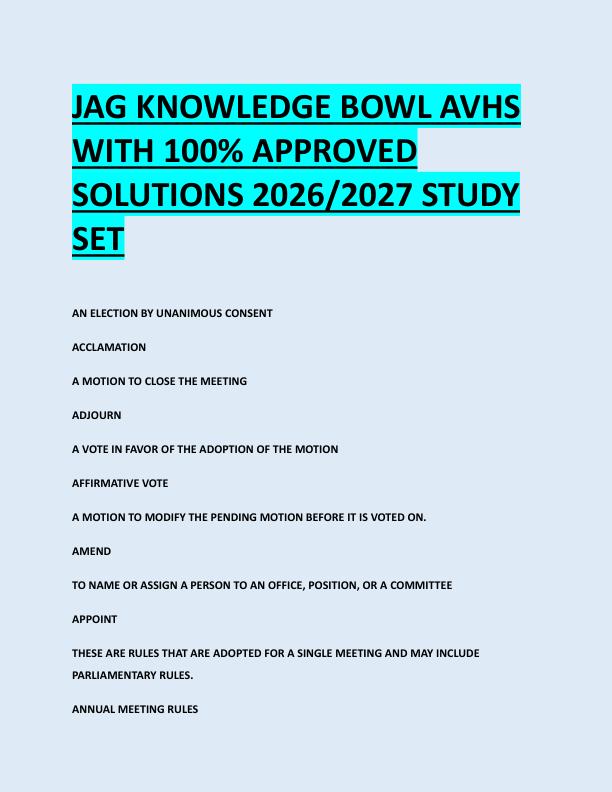 JAG KNOWLEDGE BOWL AVHS  WITH 100% APPROVED  SOLUTIONS 2026/2027 STUDY  SET 