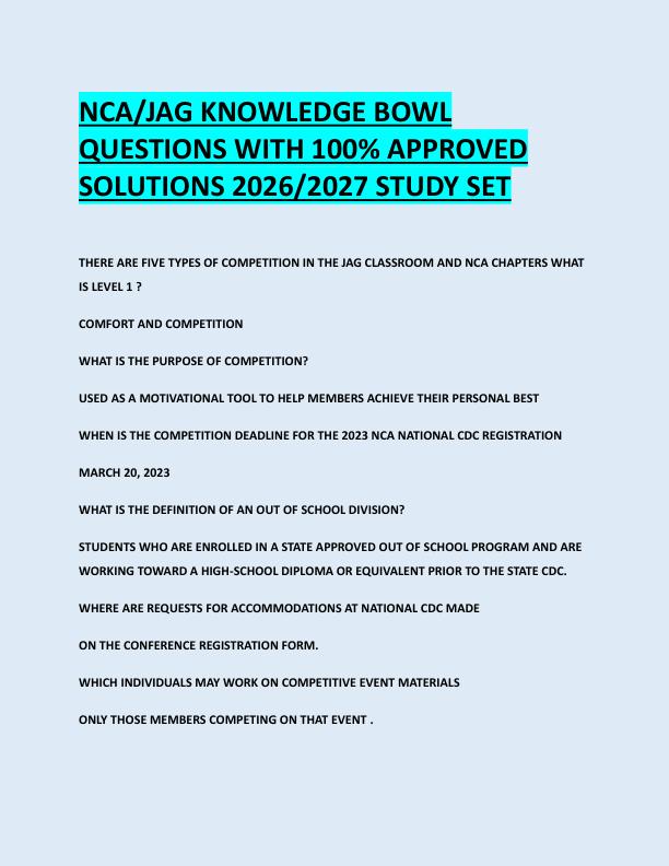 NCA/JAG KNOWLEDGE BOWL  QUESTIONS WITH 100% APPROVED  SOLUTIONS 2026/2027 STUDY SET 
