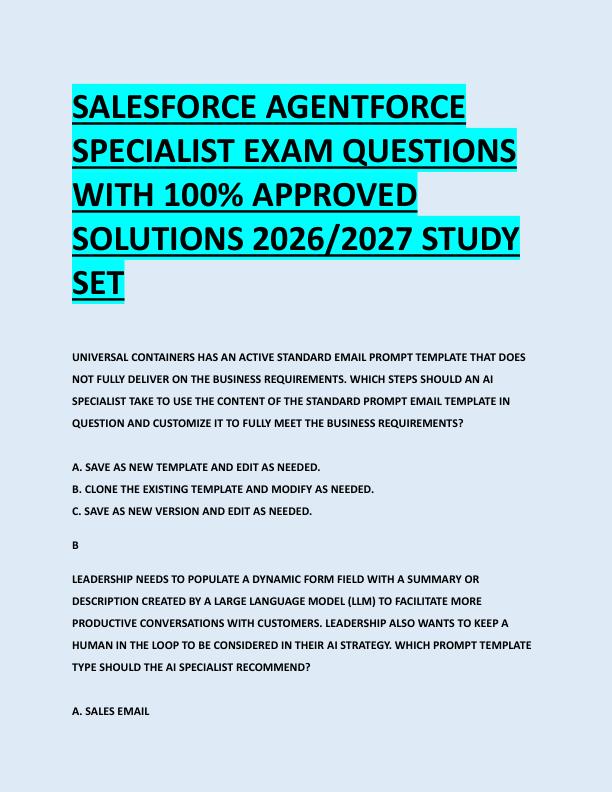 SALESFORCE AGENTFORCE  SPECIALIST EXAM QUESTIONS  WITH 100% APPROVED  SOLUTIONS 2026/2027 STUDY  SET 