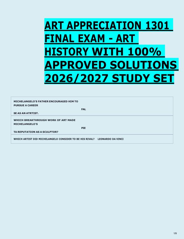 ART APPRECIATION 1301  FINAL EXAM - ART  HISTORY WITH 100%  APPROVED SOLUTIONS  2026/2027 STUDY SET