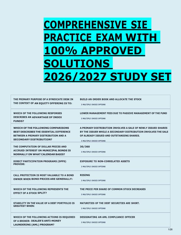   COMPREHENSIVE SIE  PRACTICE EXAM WITH  100% APPROVED  SOLUTIONS  2026/2027 STUDY SET 