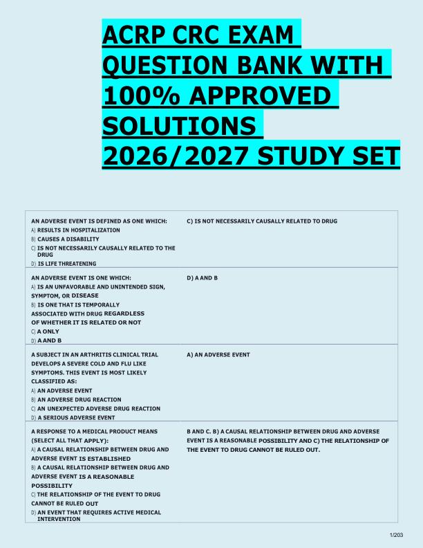ACRP CRC EXAM  QUESTION BANK WITH  100% APPROVED  SOLUTIONS  2026/2027 STUDY SET
